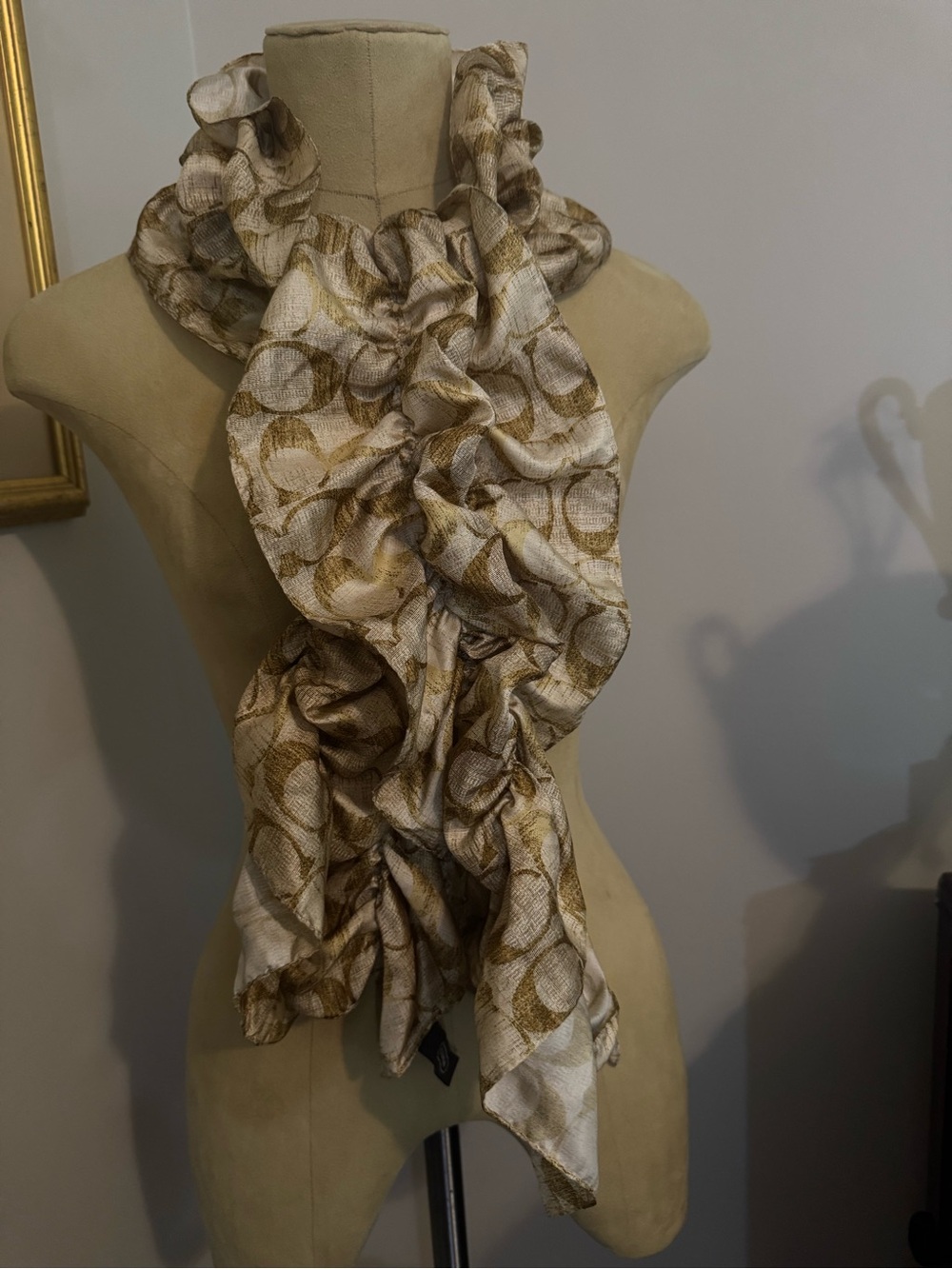 Coach Gold and Cream Signature C Silk Ruffle Scarf